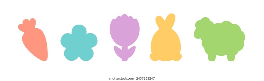 Easter icons vector set cute spring symbols. Easter bunny egg with funny ears, carrot, sheep, tulip. Spring shapes for die-cutting craft, card design element, cookie cutter, decal silhouette, label.