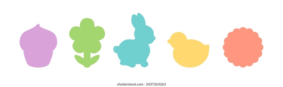 Easter icons vector set cute spring symbols. Easter bunny, cupcake, chick bird, sun. Spring silhouette shapes for die-cutting craft, Easter cookie cutter, gift tag, decal, label, card design element.