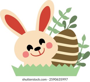 
Easter illustration with an adorable bunny with decorated eggs and greenery on a grassy area, perfect for holiday and spring designs.