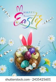 Easter illustration with a basket with eggs and flowers on a blue background.