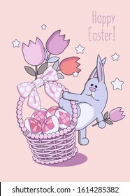 Easter illustration. A basket with eggs, a rabbit, a bouquet of spring flowers, symbols of a traditional Christian holiday. Layout for creating a poster, card, invitation, banner, flyer.