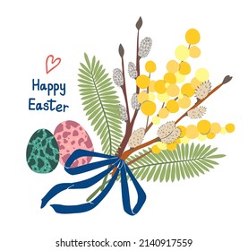 Easter illustration, bouquet of mimosa and willow branches. Easter eggs. Vector, cartoon style