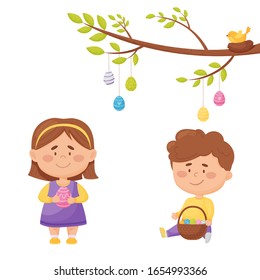 Easter illustration. Boy and girl with colored Easter eggs, a tree branch, a nest and a bird