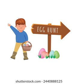 Easter illustration with a boy. Happy boy stands proudly with his basket of painted eggs, ready to search for more treasures hidden among the grassy fields