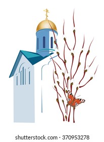 Easter illustration with branches of willow  in the background of an Orthodox church