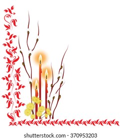 Easter illustration with branches of willow, Easter candles and primroses