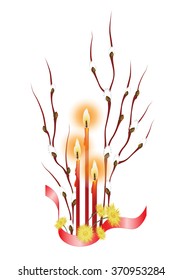 Easter illustration with branches of willow, Easter candles and primroses