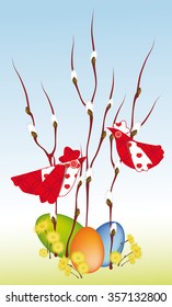 Easter illustration with branches of willow, eggs and birds from fabric. Vector illustration