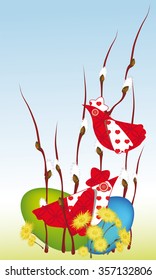 Easter illustration with branches of willow, eggs and birds from fabric. Vector illustration
