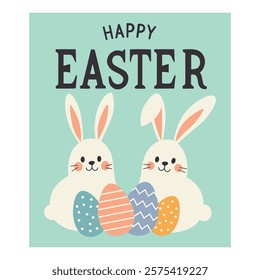 Easter illustration with bunnies, colored eggs and Happy Easter lettering. Vector card for Easter Day.