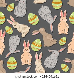 Easter illustration. Easter Bunnies. Vector seamless Pattern. Dark background, wallpaper, cartoon style
