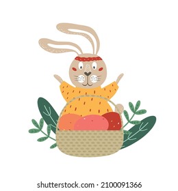 Easter illustration with bunny, basket and eggs isolated on white background. Vector illustration.