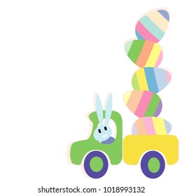 Easter illustration with bunny car and painted eggs