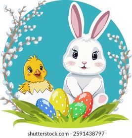 Easter illustration with bunny and chick.Vector color illustration with Easter bunny, chick and colorful eggs.