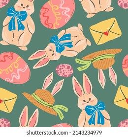 Easter illustration. Bunny and Easter eggs, envelope with postcard. Vector seamless Pattern. Dark background, wallpaper, cartoon style