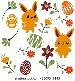 easter illustration with bunny and eggs in a flower garden on a white background