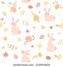 Easter illustration with bunny, eggs, flowers and foliage. Cute baby animal. Cartoon rabbit, snowdrop, spring elements. Vector seamless pattern for holiday package, decor, textile.