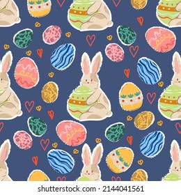 Easter illustration. Bunny with Easter eggs. Vector seamless Pattern. Dark background, wallpaper, cartoon style