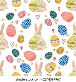Easter illustration. Bunny with Easter eggs. Vector seamless Pattern. Light background, wallpaper, cartoon style