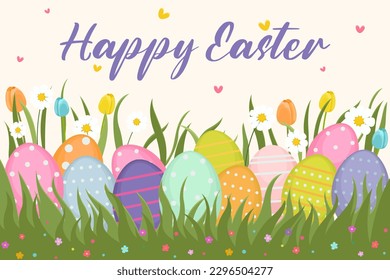 Easter illustration with bunny, flowers, Easter eggs, background, banner or seasonal card, spring illustration, holiday illustration 