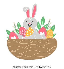 Easter illustration with bunny and painted eggs in a nest for the holiday in a cartoon style