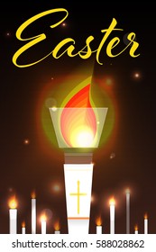 Easter illustration with burning candles. Design template for poster, web banners ad, greeting card, article.