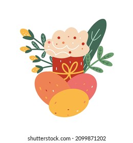 Easter illustration with cake and eggs isolated on white background. Vector illustration.