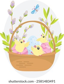 Easter illustration, cheerful baby chicken and eggs sitting in a basket of flowers