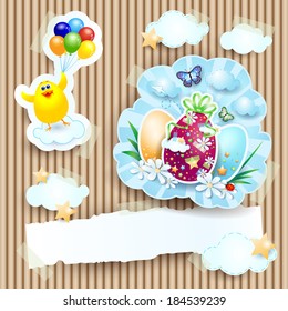 Easter illustration with chick and eggs on cardboard background. Vector 