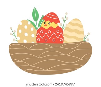 Ilustración de Pascua con polluelo y huevos pintados en un nido para la festividad al estilo de las caricaturas