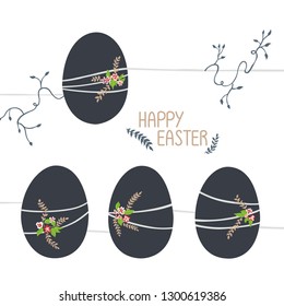 Easter illustration in cold shades. Four eggs in vine and flowers.