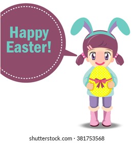 Easter illustration with colored eggs and cute bunnies on spring background