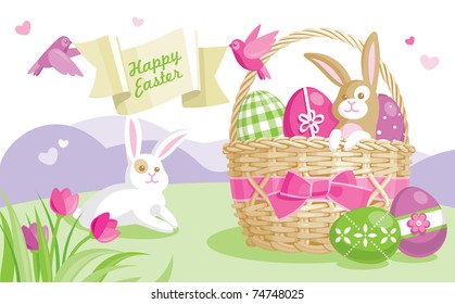 Easter illustration with colored eggs and cute bunnies on spring background