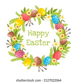 Ilustración de Pascua con huevos coloridos, rama verde de primavera, flores y texto de saludo, ilustración vectorial, eps10