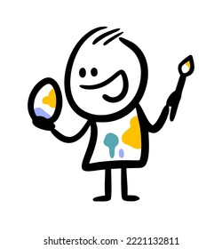 Easter illustration of creative eggs painter with brush via working. Vector illustration of happy boy colouring party accessories.
