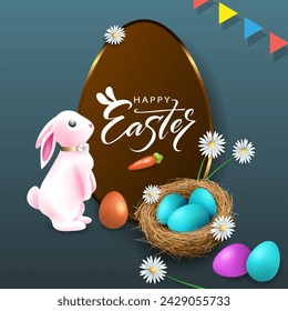 Easter illustration with a cute bunny and a basket of eggs on a dark blue background.