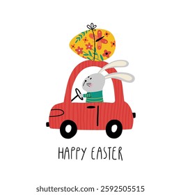 Easter illustration with cute bunny driving car, easter egg, flowers, lettering Happy Easter. Spring cartoon print in flat style. Vector design in child style for Easter holiday card and invitation.