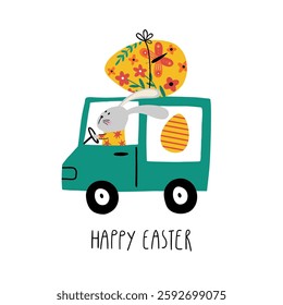 Easter illustration with cute bunny driving car, easter egg, flowers, lettering Happy Easter. Spring cartoon print in flat style. Vector design in child style for Easter holiday cards and invitations.