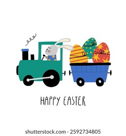 Easter illustration with cute bunny driving train, easter eggs, lettering Happy Easter. Spring cartoon print in flat style. Vector design in child style for Easter holiday cards and invitations.