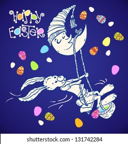 Easter Illustration of cute bunny riding on moon swing. Happy easter lettering.