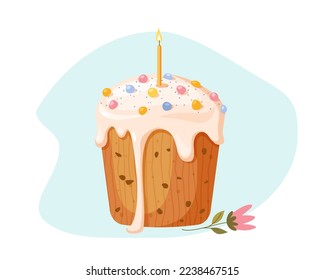 Easter illustration with a cute cake, candle, and flower