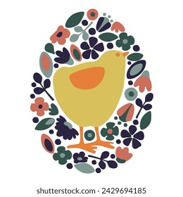 Easter illustration with cute chick in egg. Composition with flowers and abstract shapes. Egg background. Vector	