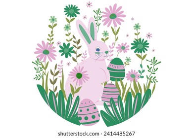 Easter illustration with cute rabbit, painted eggs and bright spring flowers, Easter illustration, postcard