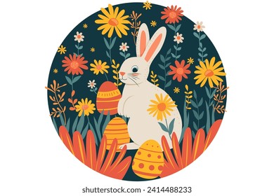 Easter illustration with cute rabbit, painted eggs and bright spring flowers, Easter illustration, postcard