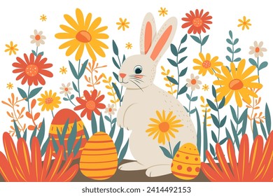 Osterillustration mit süßem Kaninchen, bemalten Eiern und hellen Frühlingsblumen, Ostergrafik, Postkarte