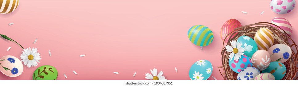 Easter illustration with decorative eggs in a nest with flowers on a pink background for banner, poster, web. Realistic vector with place for text.