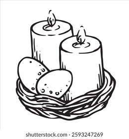 Easter illustration in doodle style. composition with candles and Easter eggs. vintage sketch