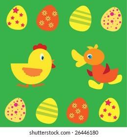 easter illustration - duckling and chicken with eggs