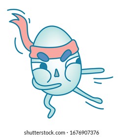 Easter illustration an egg in a headband is engaged in oriental martial arts. Training, kick, karate, aikido, hand-to-hand combat. Festive tradition of breaking eggs. Vector isolated picture.