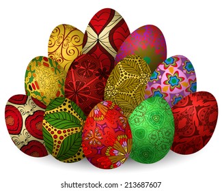 Easter illustration with a lot of egg with a pattern on a white background